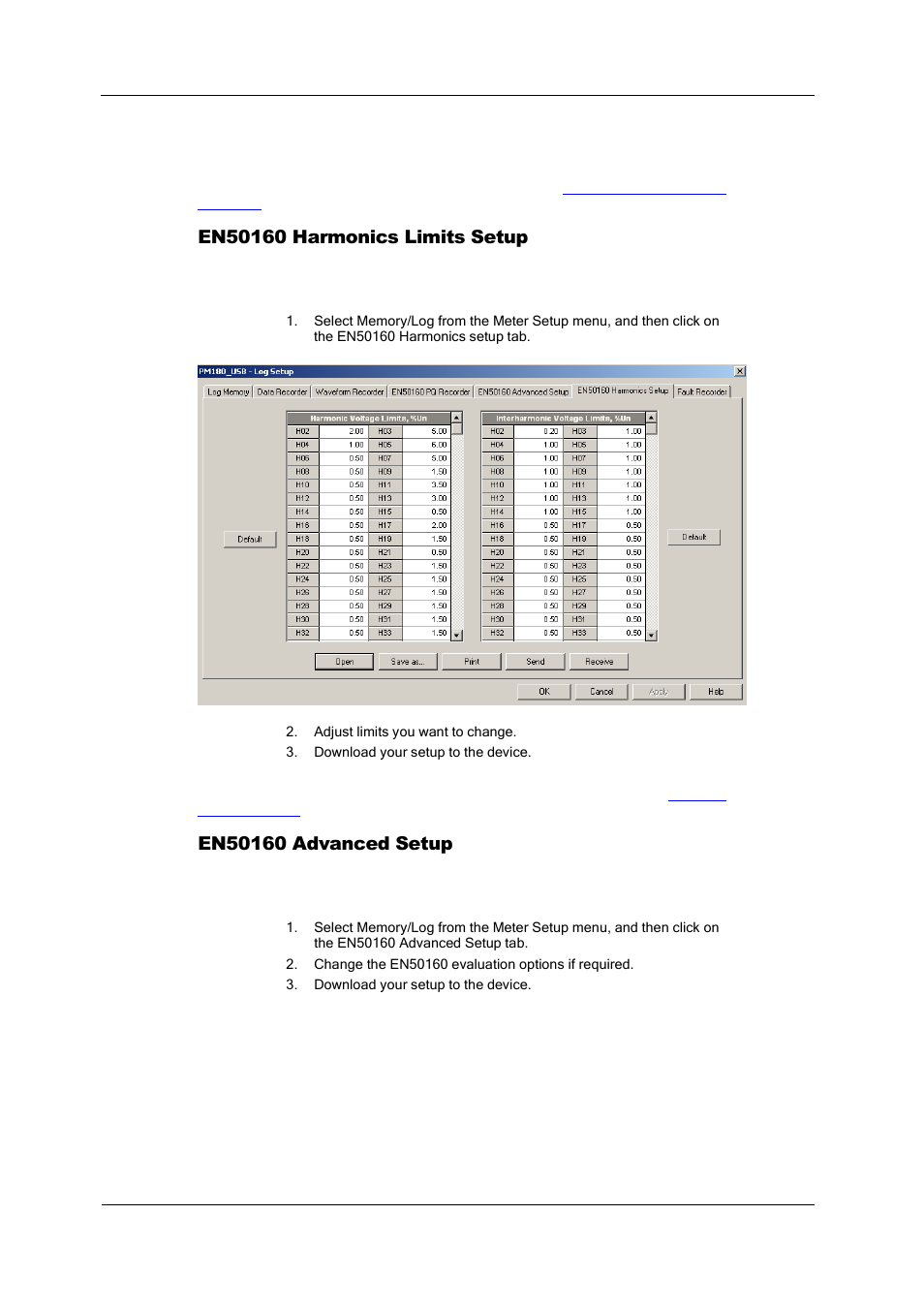 En50160 harmonics limits setup, En50160 advanced setup | SATEC PM180 Operation Manual User Manual | Page 104 / 184