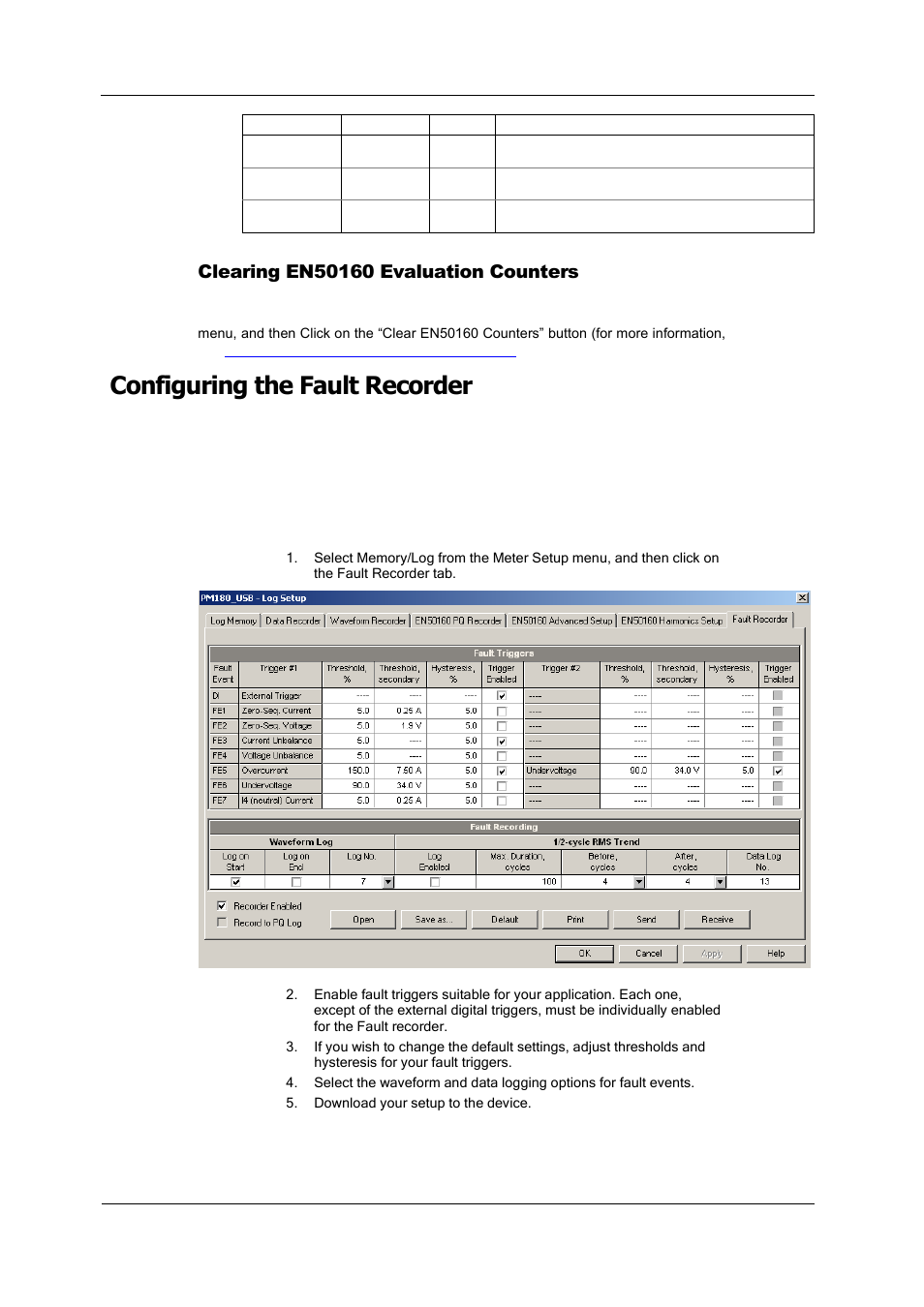 Clearing en50160 evaluation counters, Configuring the fault recorder, En50160 harmonics limits setup | SATEC PM180 Operation Manual User Manual | Page 106 / 184