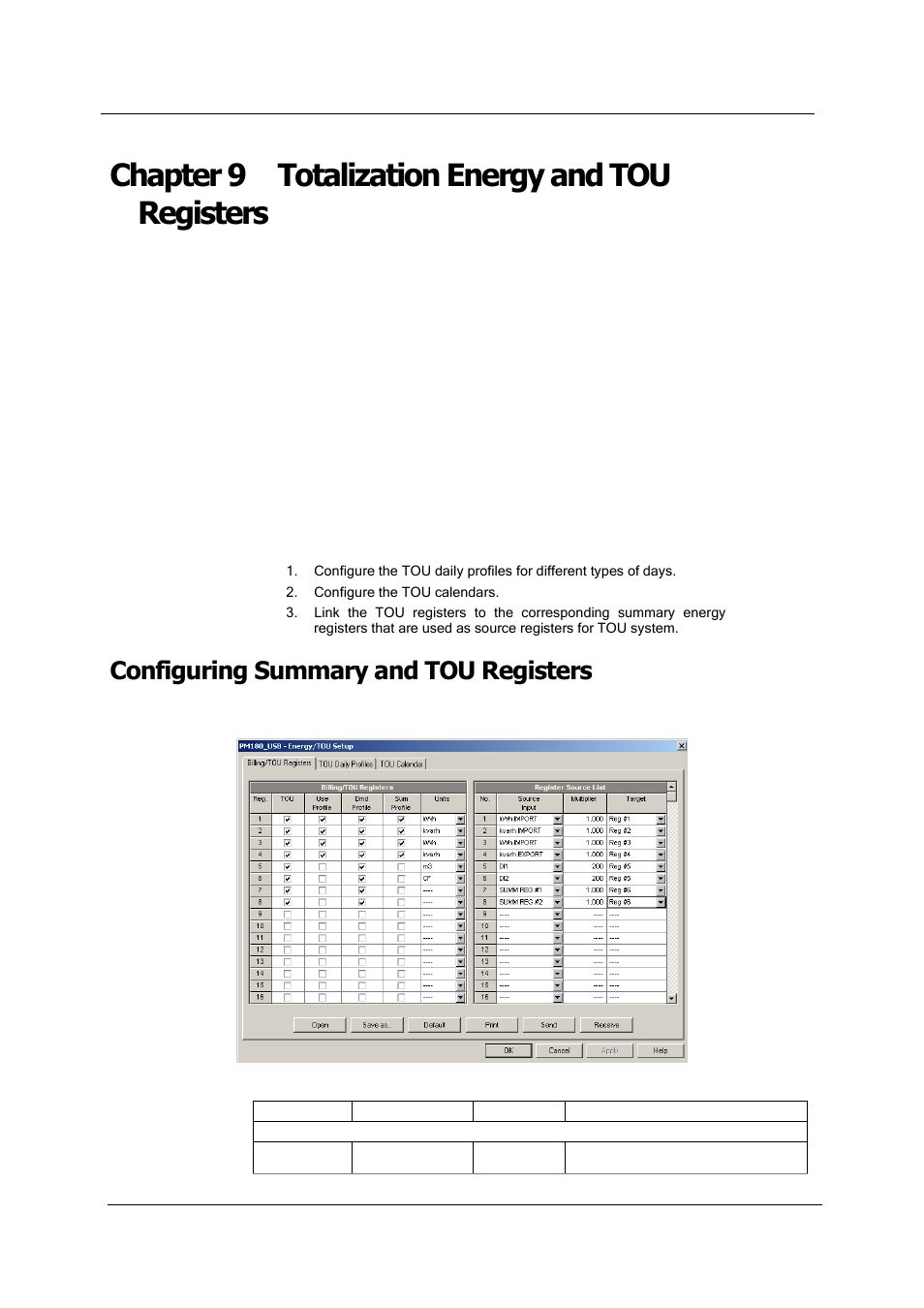 Chapter 9 totalization energy and tou registers, Configuring summary and tou registers, Totalization energy and tou registers | Configuring summary and, Tou registers | SATEC PM180 Operation Manual User Manual | Page 109 / 184