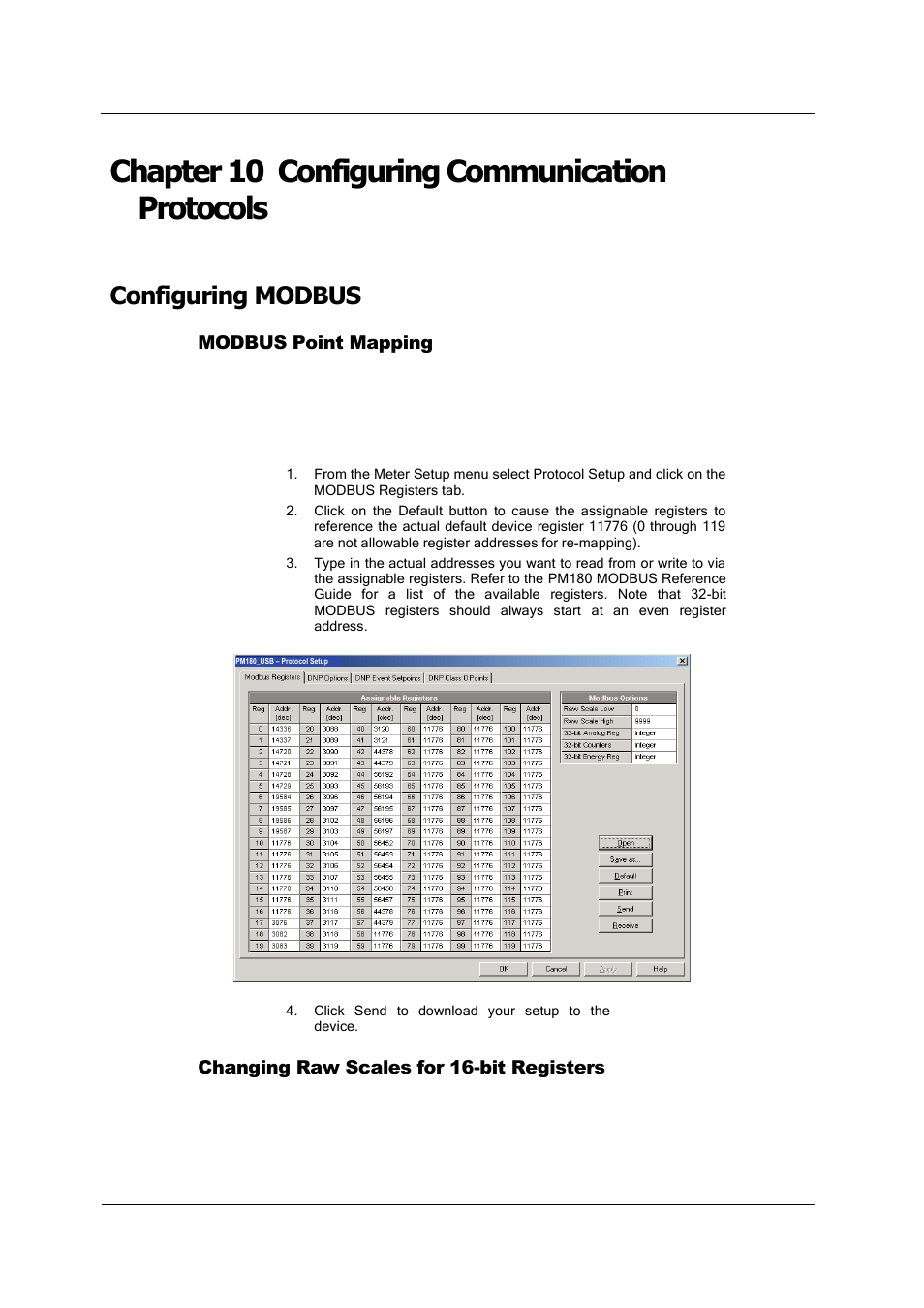 Chapter 10 configuring communication protocols, Configuring modbus, Modbus point mapping | Changing raw scales for 16-bit registers | SATEC PM180 Operation Manual User Manual | Page 112 / 184