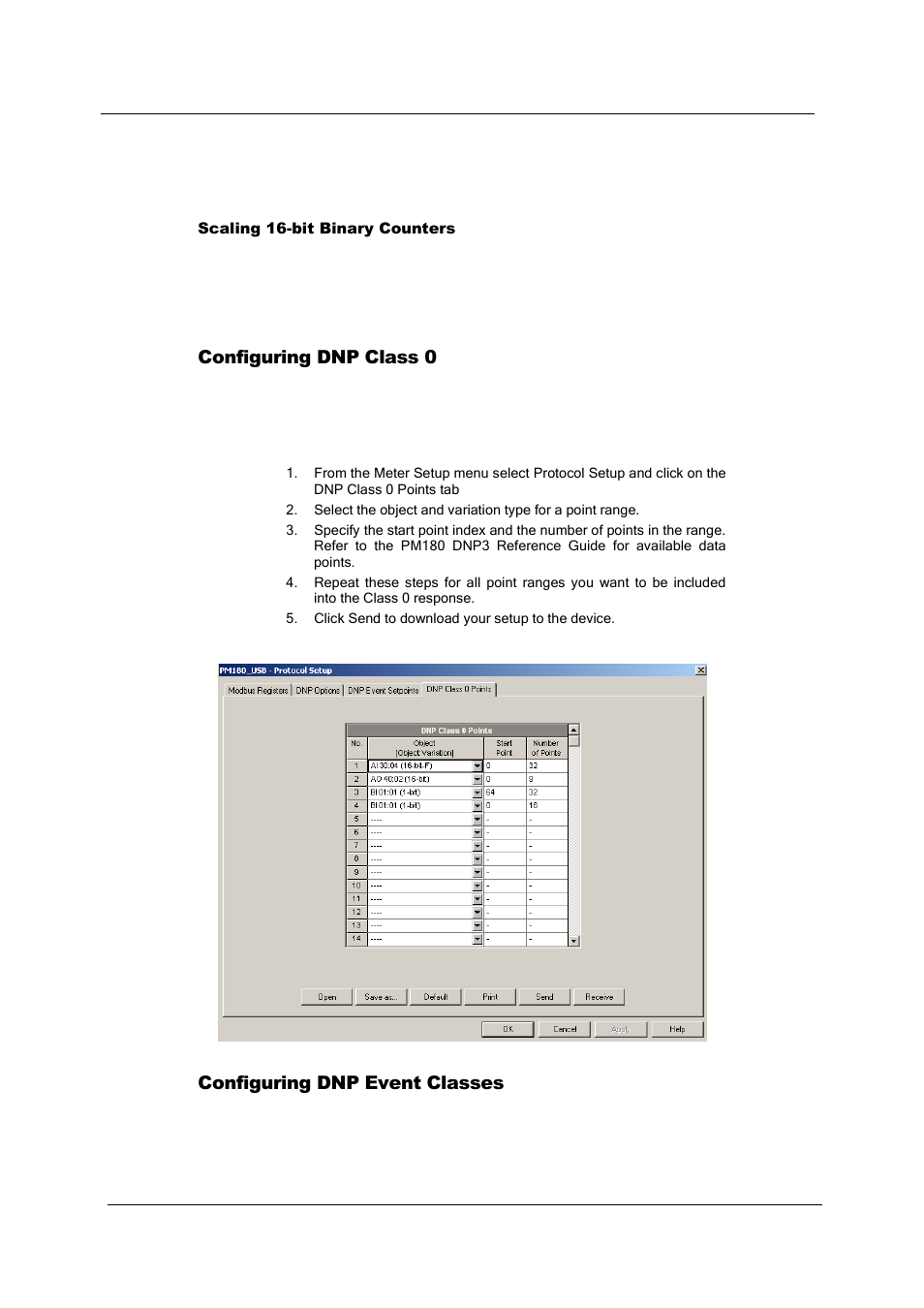 Configuring dnp class 0, Configuring dnp event classes | SATEC PM180 Operation Manual User Manual | Page 115 / 184