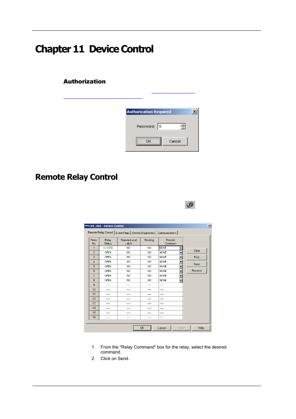 Chapter 11 device control, Authorization, Remote relay control | Device mode control | SATEC PM180 Operation Manual User Manual | Page 118 / 184