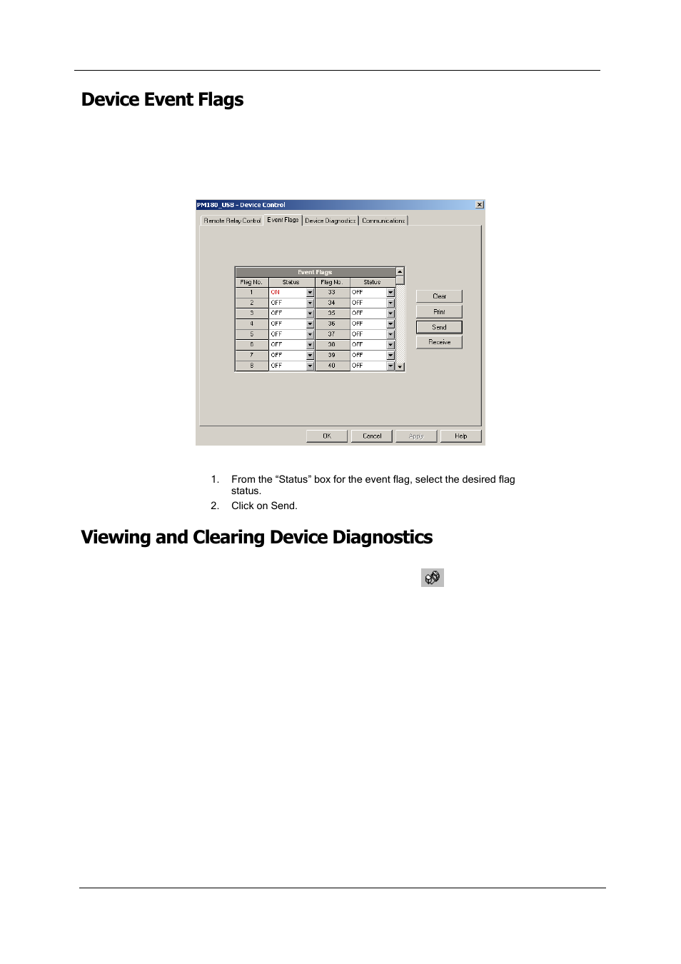 Device event flags, Viewing and clearing device diagnostics | SATEC PM180 Operation Manual User Manual | Page 119 / 184