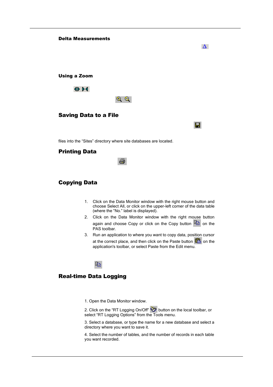 Saving data to a file, Printing data, Copying data | Real-time data logging | SATEC PM180 Operation Manual User Manual | Page 125 / 184
