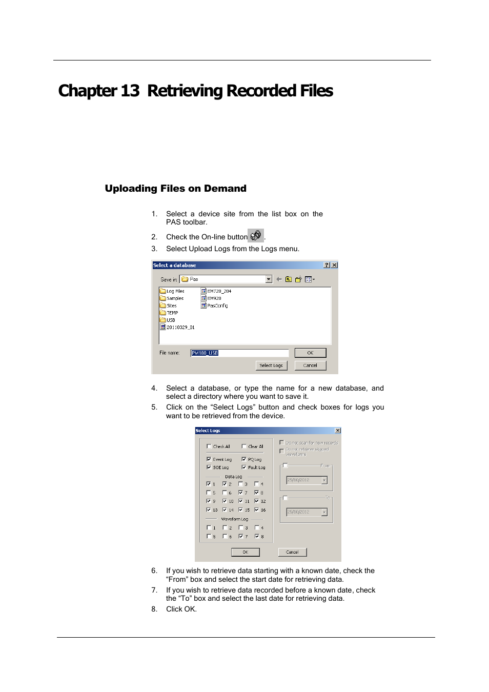 Chapter 13 retrieving recorded files, Uploading files on demand | SATEC PM180 Operation Manual User Manual | Page 127 / 184