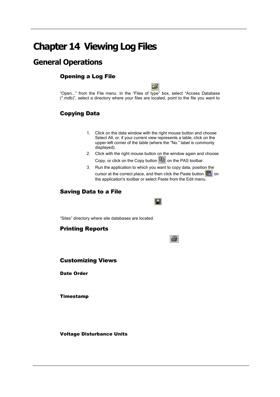Chapter 14 viewing log files, General operations, Opening a log file | Copying data, Saving data to a file, Printing reports, Customizing views, Voltage disturbance units | SATEC PM180 Operation Manual User Manual | Page 131 / 184