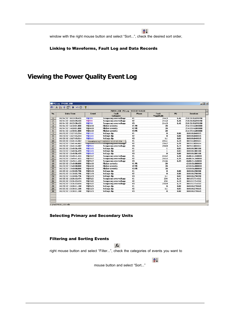 Viewing the power quality event log | SATEC PM180 Operation Manual User Manual | Page 134 / 184
