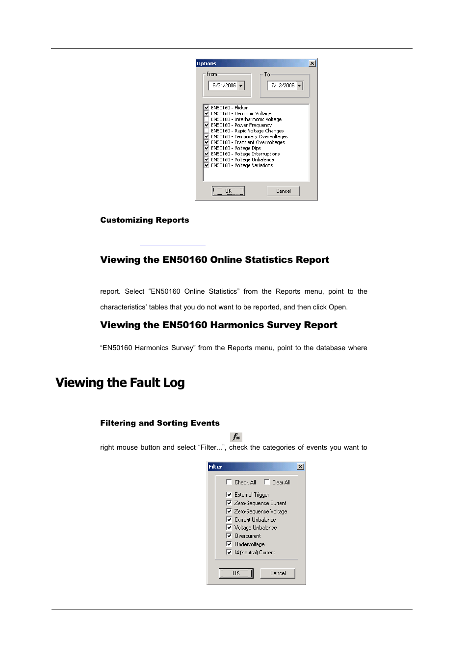 Viewing the en50160 online statistics report, Viewing the en50160 harmonics survey report, Viewing the fault log | SATEC PM180 Operation Manual User Manual | Page 140 / 184