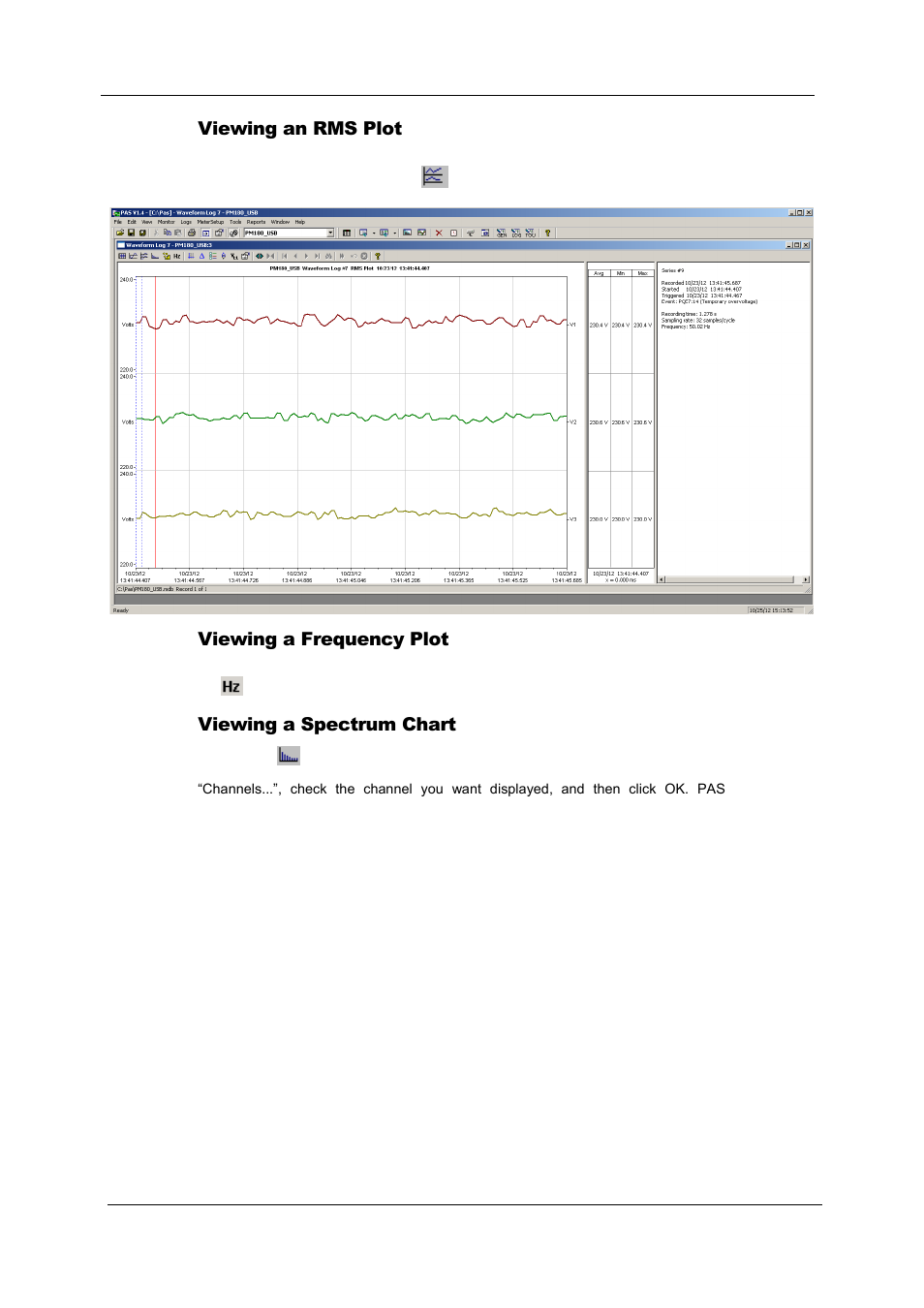 Viewing an rms plot, Viewing a frequency plot, Viewing a spectrum chart | SATEC PM180 Operation Manual User Manual | Page 145 / 184