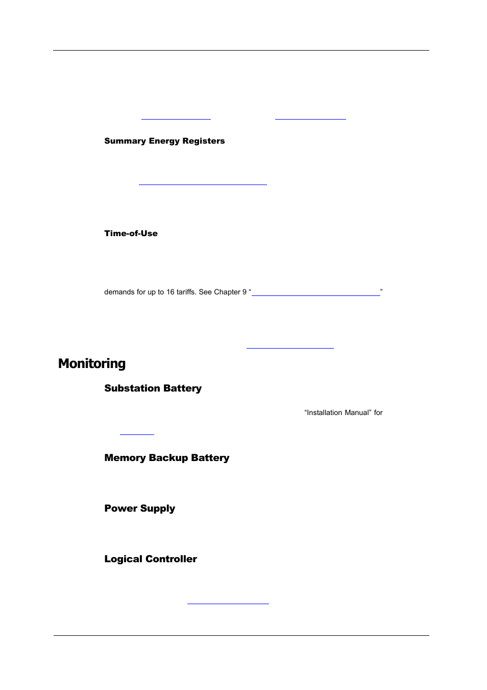 Monitoring, Substation battery, Memory backup battery | Power supply, Logical controller | SATEC PM180 Operation Manual User Manual | Page 24 / 184