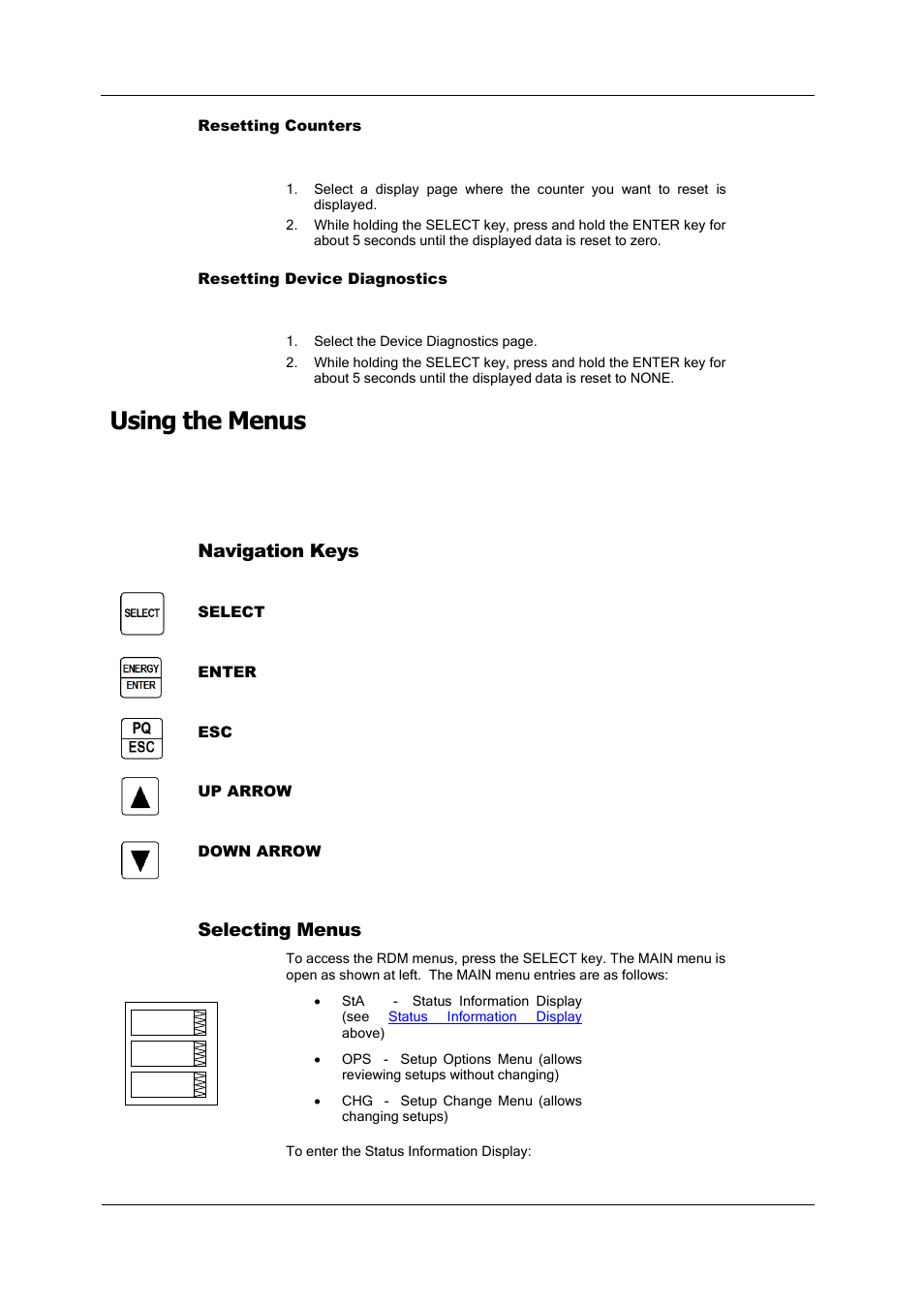 Using the menus, Navigation keys, Selecting menus | Resetting device diagnostics | SATEC PM180 Operation Manual User Manual | Page 34 / 184