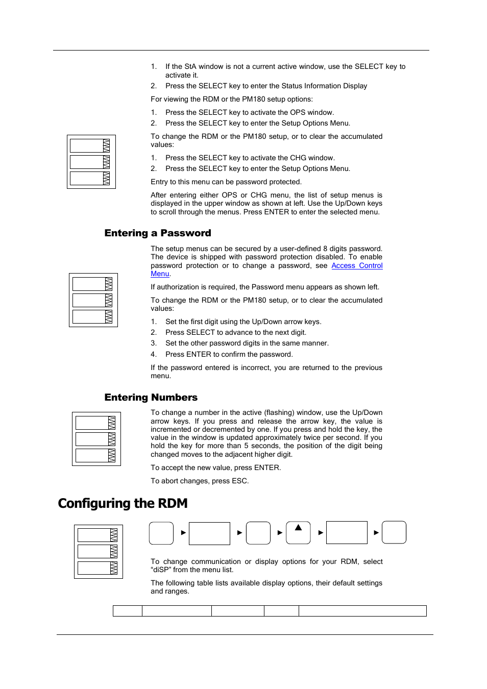 Entering a password, Entering numbers, Configuring the rdm | Configuring the rdm) | SATEC PM180 Operation Manual User Manual | Page 35 / 184