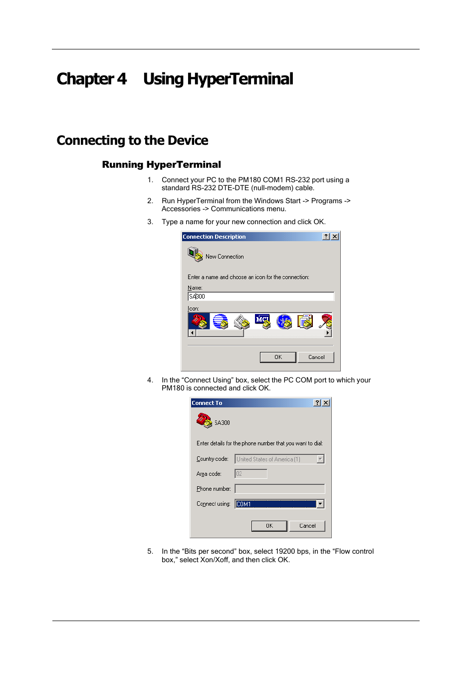 Chapter 4 using hyperterminal, Connecting to the device, Running hyperterminal | Using hyperterminal | SATEC PM180 Operation Manual User Manual | Page 42 / 184