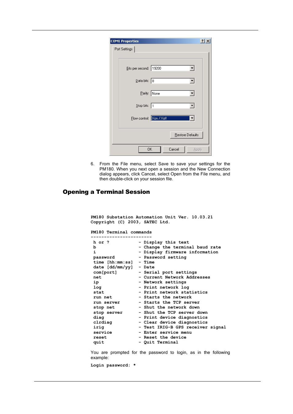 Opening a terminal session | SATEC PM180 Operation Manual User Manual | Page 43 / 184