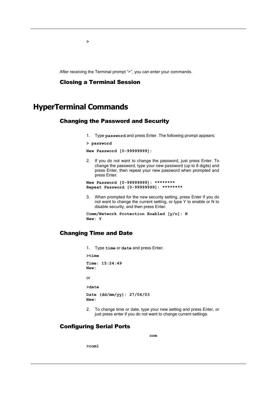 Closing a terminal session, Hyperterminal commands, Changing the password and security | Changing time and date, Configuring serial ports, Configuring, Serial ports | SATEC PM180 Operation Manual User Manual | Page 44 / 184