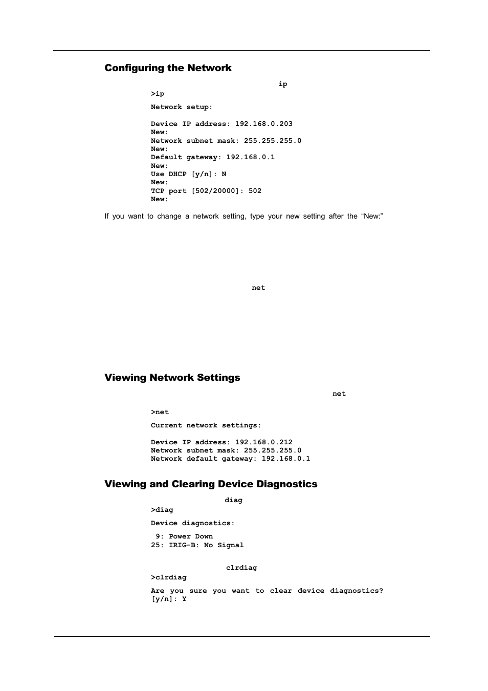 Configuring the network, Viewing network settings, Viewing and clearing device diagnostics | Viewing and clearing, Device diagnostics | SATEC PM180 Operation Manual User Manual | Page 46 / 184