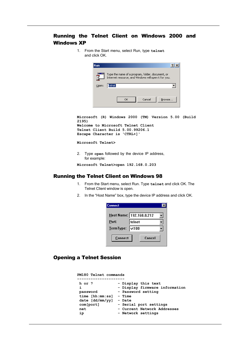 Running the telnet client on windows 98, Opening a telnet session | SATEC PM180 Operation Manual User Manual | Page 49 / 184