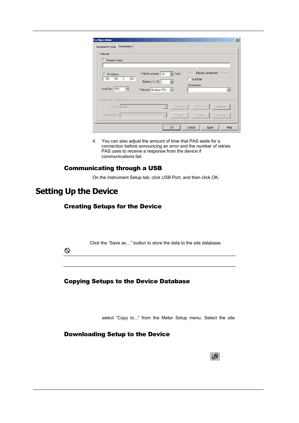 Communicating through a usb, Setting up the device, Creating setups for the device | Copying setups to the device database, Downloading setup to the device | SATEC PM180 Operation Manual User Manual | Page 58 / 184