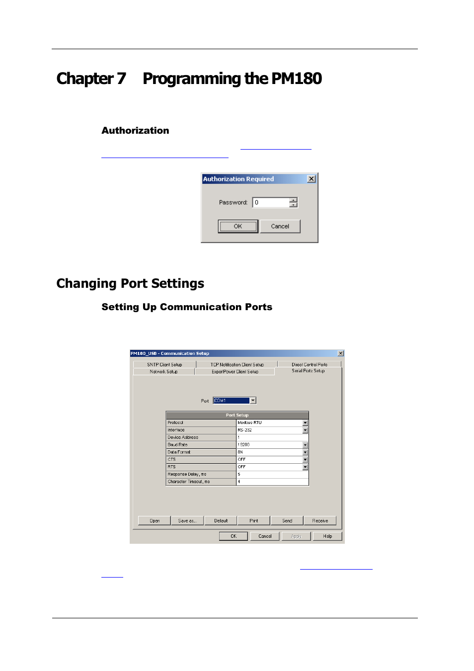 Chapter 7 programming the pm180, Authorization, Changing port settings | Setting up communication ports | SATEC PM180 Operation Manual User Manual | Page 60 / 184