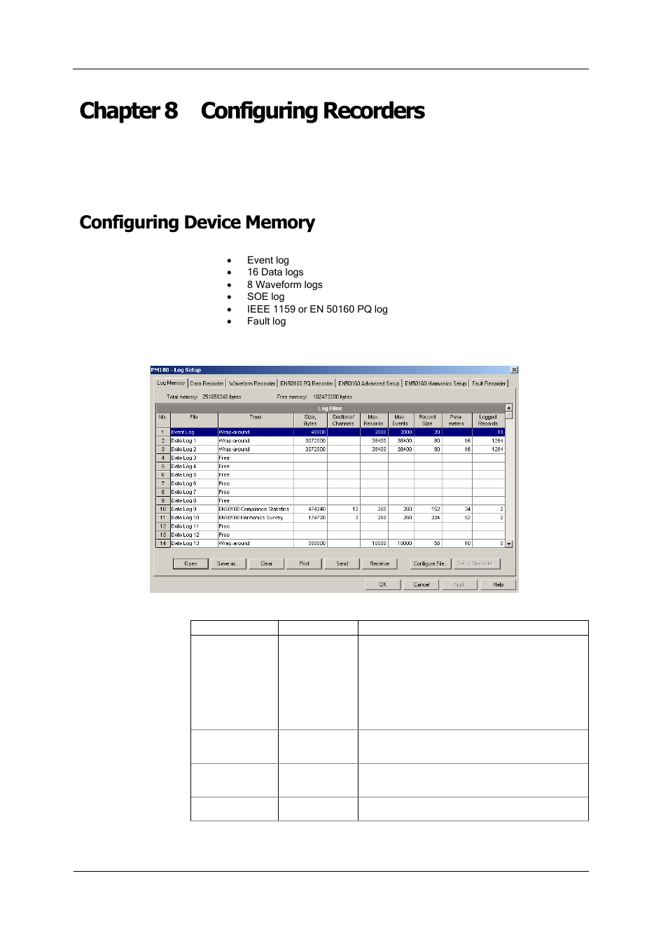 Chapter 8 configuring recorders, Configuring device memory | SATEC PM180 Operation Manual User Manual | Page 82 / 184