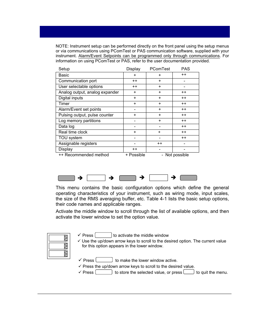 Chapter 3 setup menus, Basic setup menu, Chapter 4 setup menus | 1 basic setup menu | SATEC PM296 User Manual | Page 28 / 77