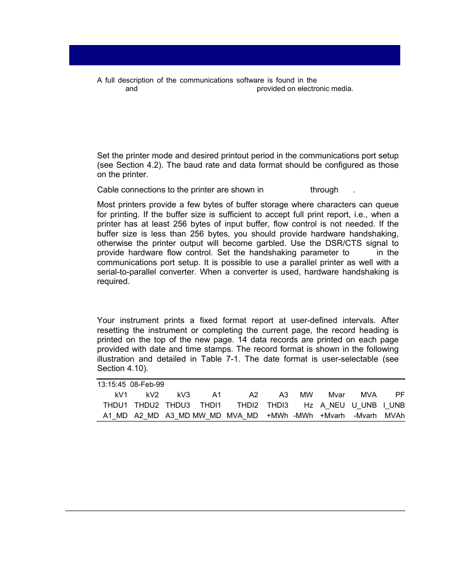 Chapter 6 using a printer, Using a printer, Configuring the port for printer | Printout format, Analog expander setup menu, Pulsing output setup menu, Chapter 7 communications, 1 using a printer, 1 configuring the port for printer, 2 printout format | SATEC PM296 User Manual | Page 64 / 77