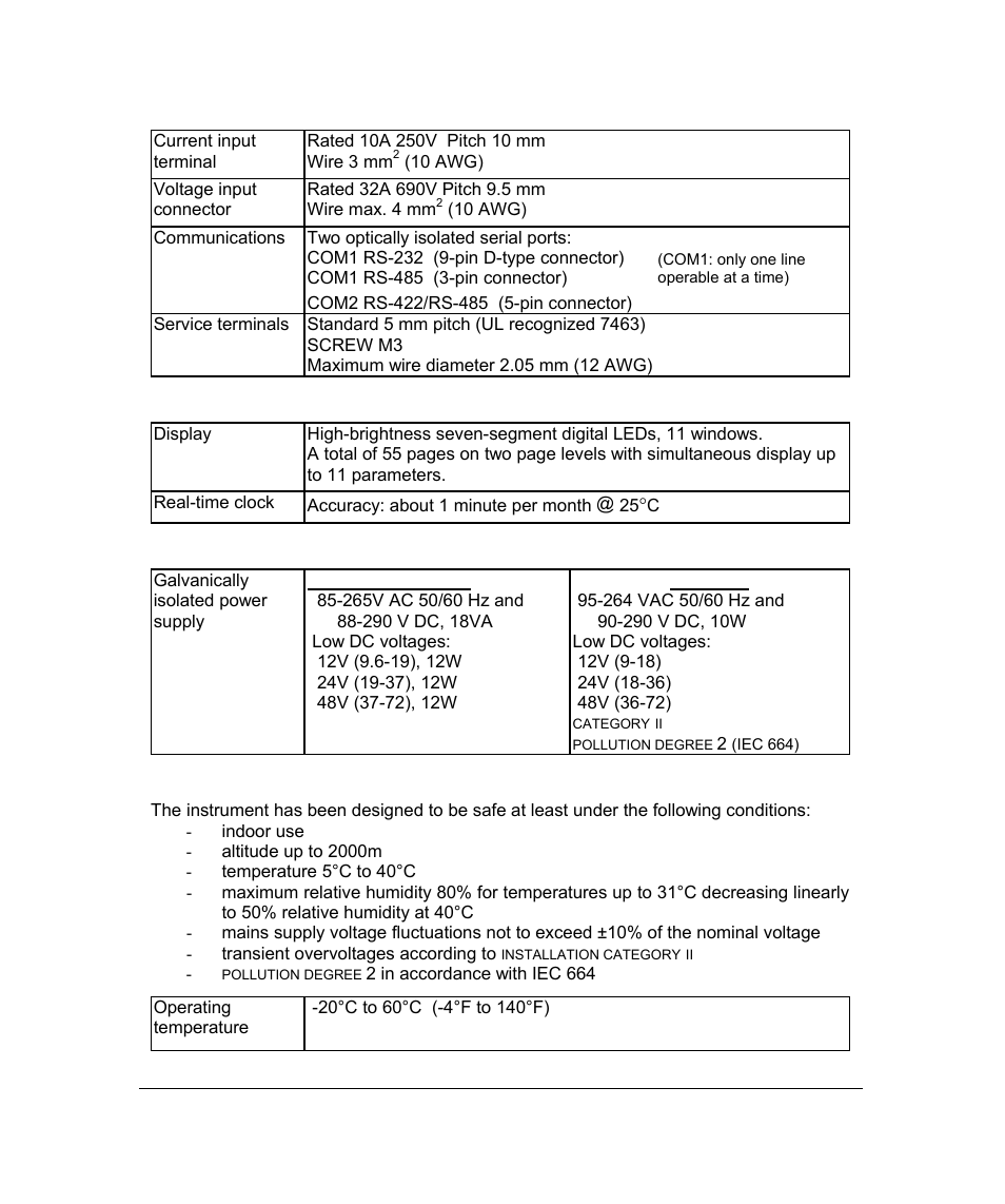 Input and output ratings, Display, Power supply | Environmental conditions | SATEC PM296 User Manual | Page 72 / 77