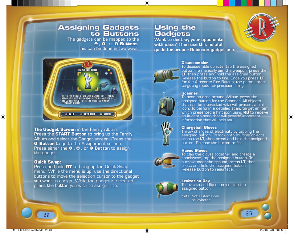 Using the gadgets, Assigning gadgets to buttons | Disney Interactive Studios Meet the Robinsons for Xbox 360 User Manual | Page 12 / 14