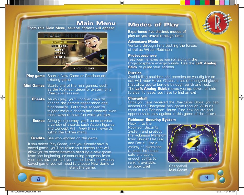 Modes of play, Main menu | Disney Interactive Studios Meet the Robinsons for Xbox 360 User Manual | Page 5 / 14