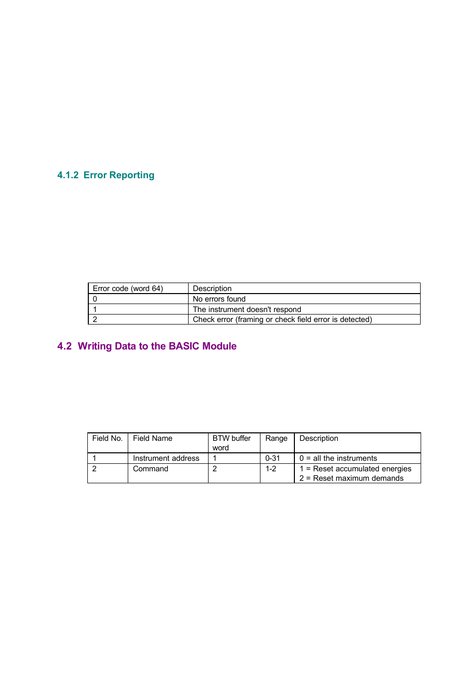 2 error reporting, 2 writing data to the basic module | SATEC 1771DB User Manual | Page 9 / 17