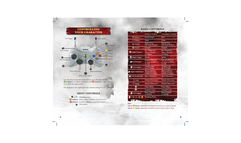 Controlling your character, Menu controls, Basic controls | Disney Interactive Studios Pirates of the Caribbean: At World's End for Xbox 360 User Manual | Page 4 / 12