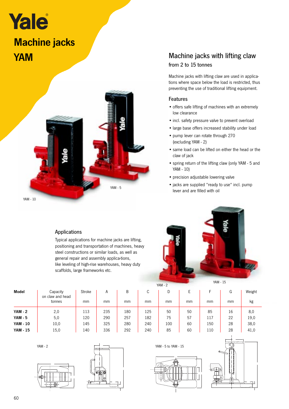 Machine jacks yam, Machine jacks with lifting claw, Features | Applications | Scan Tech AJH Aluminium jacks User Manual | Page 4 / 5