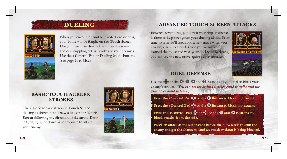 Dueling, Basic touch screen strokes, Advanced touch screen attacks | Duel defense | Disney Interactive Studios Pirates of the Caribbean: At World's End NTR-AW3E-USA User Manual | Page 10 / 15