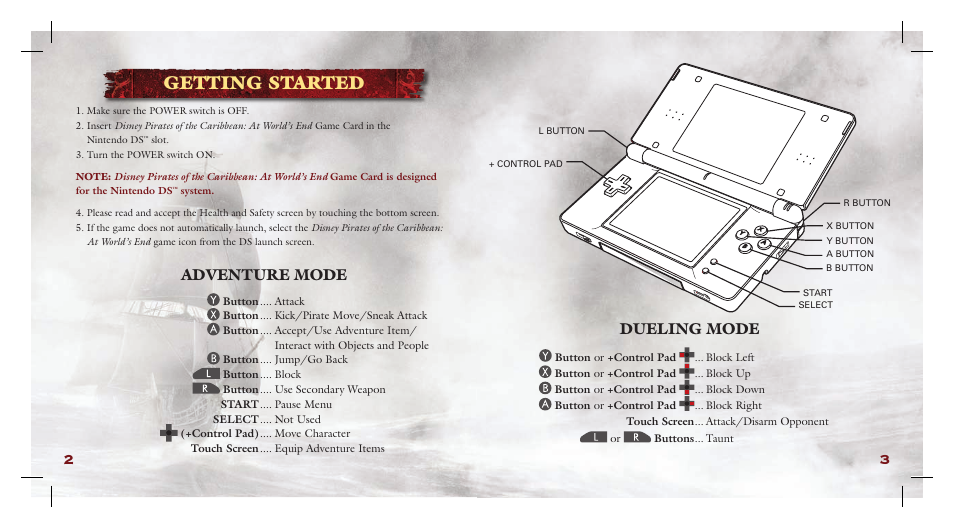 Getting started, Dueling mode, Adventure mode | Disney Interactive Studios Pirates of the Caribbean: At World's End NTR-AW3E-USA User Manual | Page 4 / 15