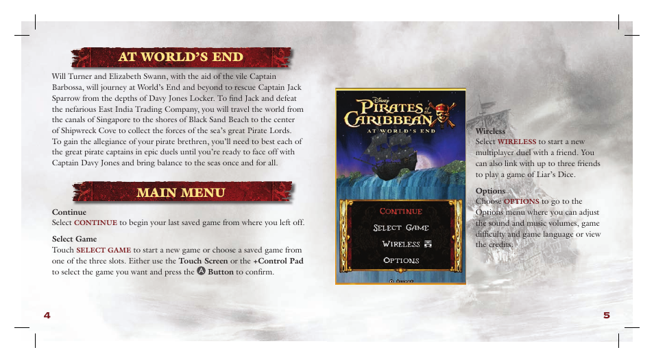 At world’s end, Main menu | Disney Interactive Studios Pirates of the Caribbean: At World's End NTR-AW3E-USA User Manual | Page 5 / 15