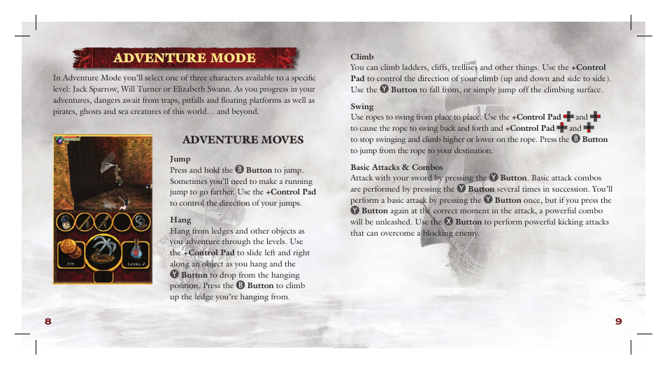 Adventure mode, Adventure moves | Disney Interactive Studios Pirates of the Caribbean: At World's End NTR-AW3E-USA User Manual | Page 7 / 15