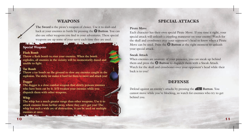 Special attacks, Defense, Weapons | Disney Interactive Studios Pirates of the Caribbean: At World's End NTR-AW3E-USA User Manual | Page 8 / 15