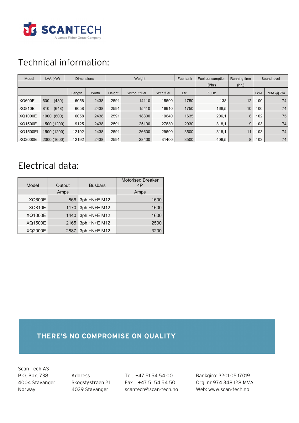 Technical information, Electrical data | Scan Tech XQE Power Generator User Manual | Page 2 / 2