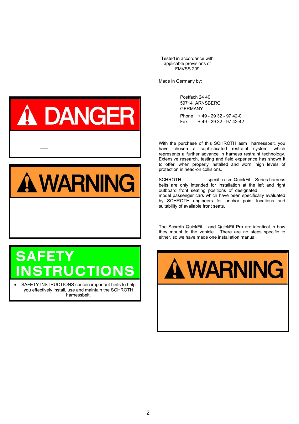 Installation & operating instructions | Schroth Racing QuickFit And QuickFit Pro Subaru WRX/STi (2002-2006) User Manual | Page 2 / 12