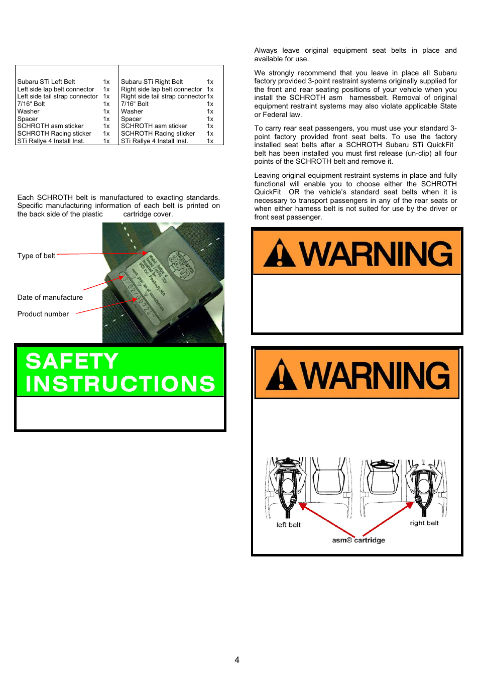 Package contents, Installation instructions, All sti quickfit | Schroth Racing QuickFit And QuickFit Pro Subaru WRX/STi (2002-2006) User Manual | Page 4 / 12