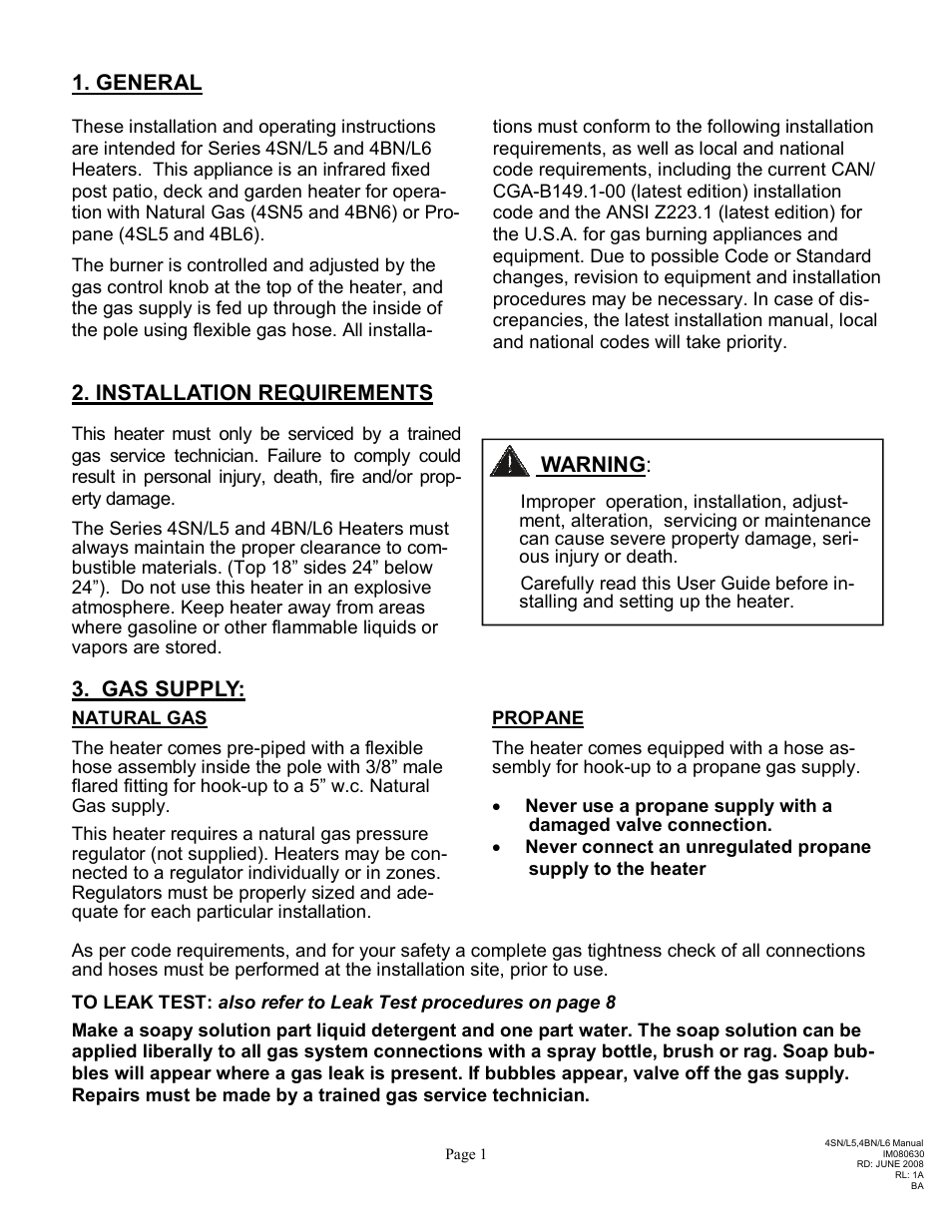 Installation requirements, Warning, Gas supply | General | Schwank Parasol Series Post Mount User Manual | Page 4 / 16