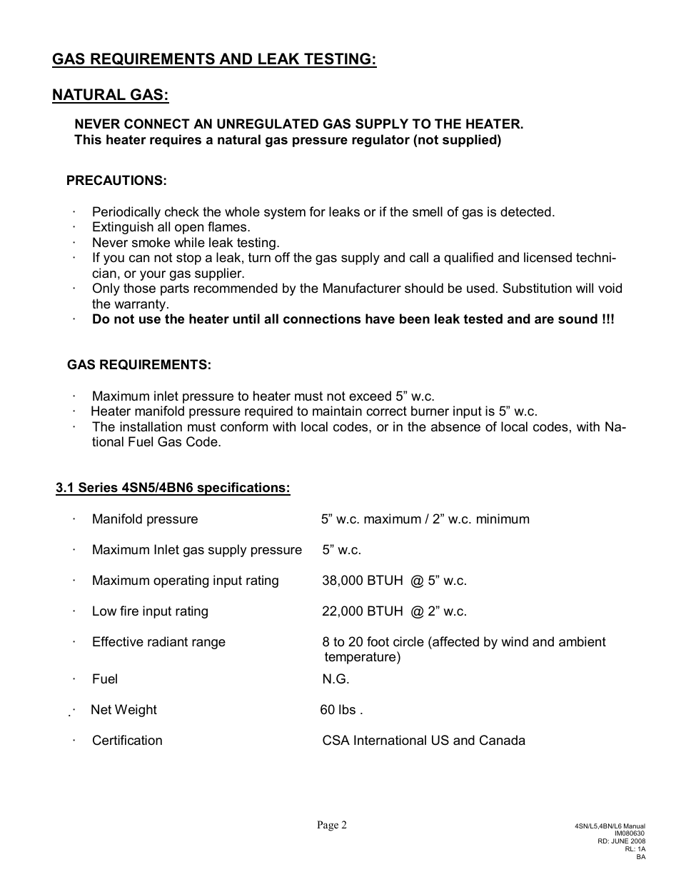 Gas requirements and leak testing: natural gas | Schwank Parasol Series Post Mount User Manual | Page 5 / 16