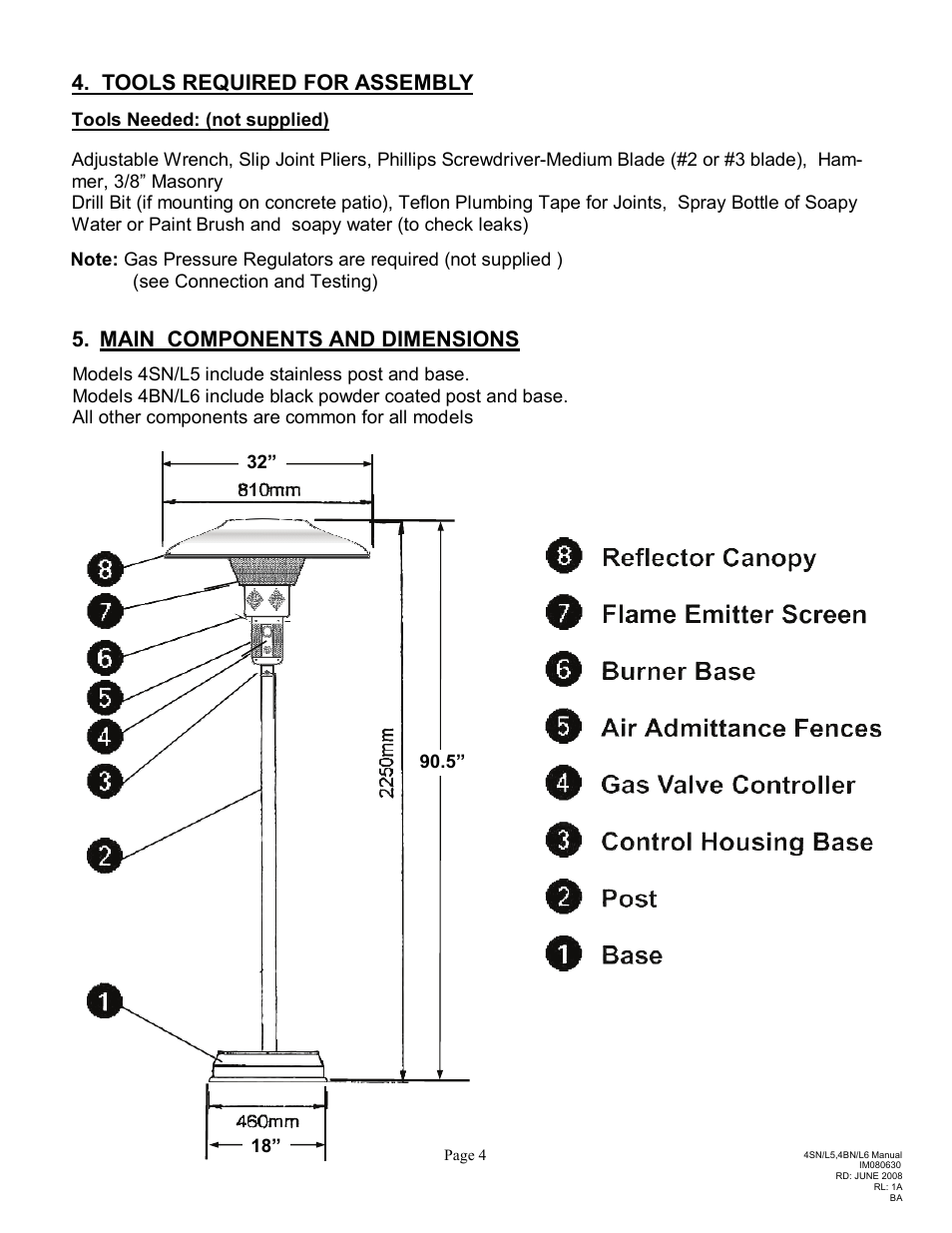 Tools required for assembly, Main components and dimensions | Schwank Parasol Series Post Mount User Manual | Page 7 / 16