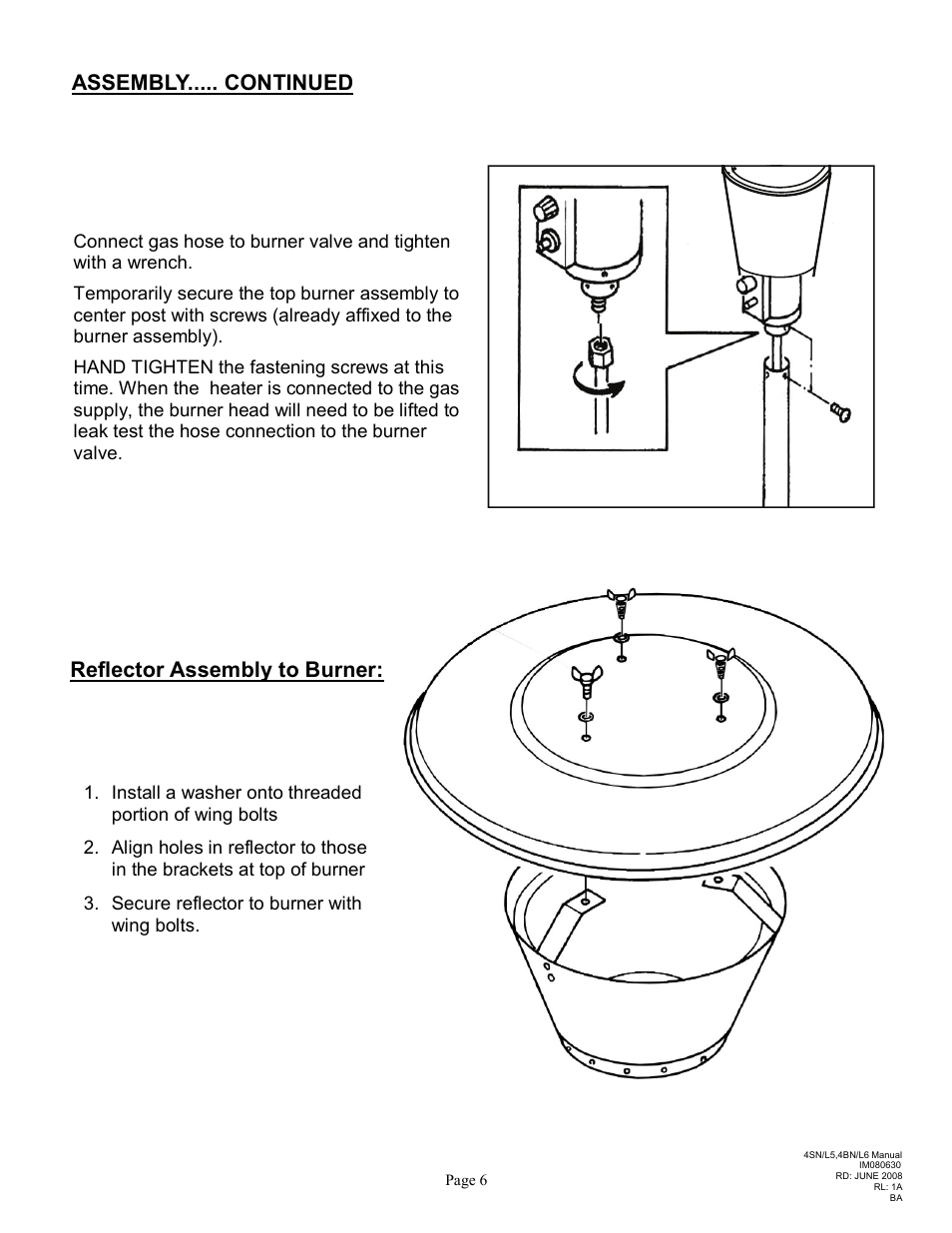 Assembly..... continued, Reflector assembly to burner | Schwank Parasol Series Post Mount User Manual | Page 9 / 16