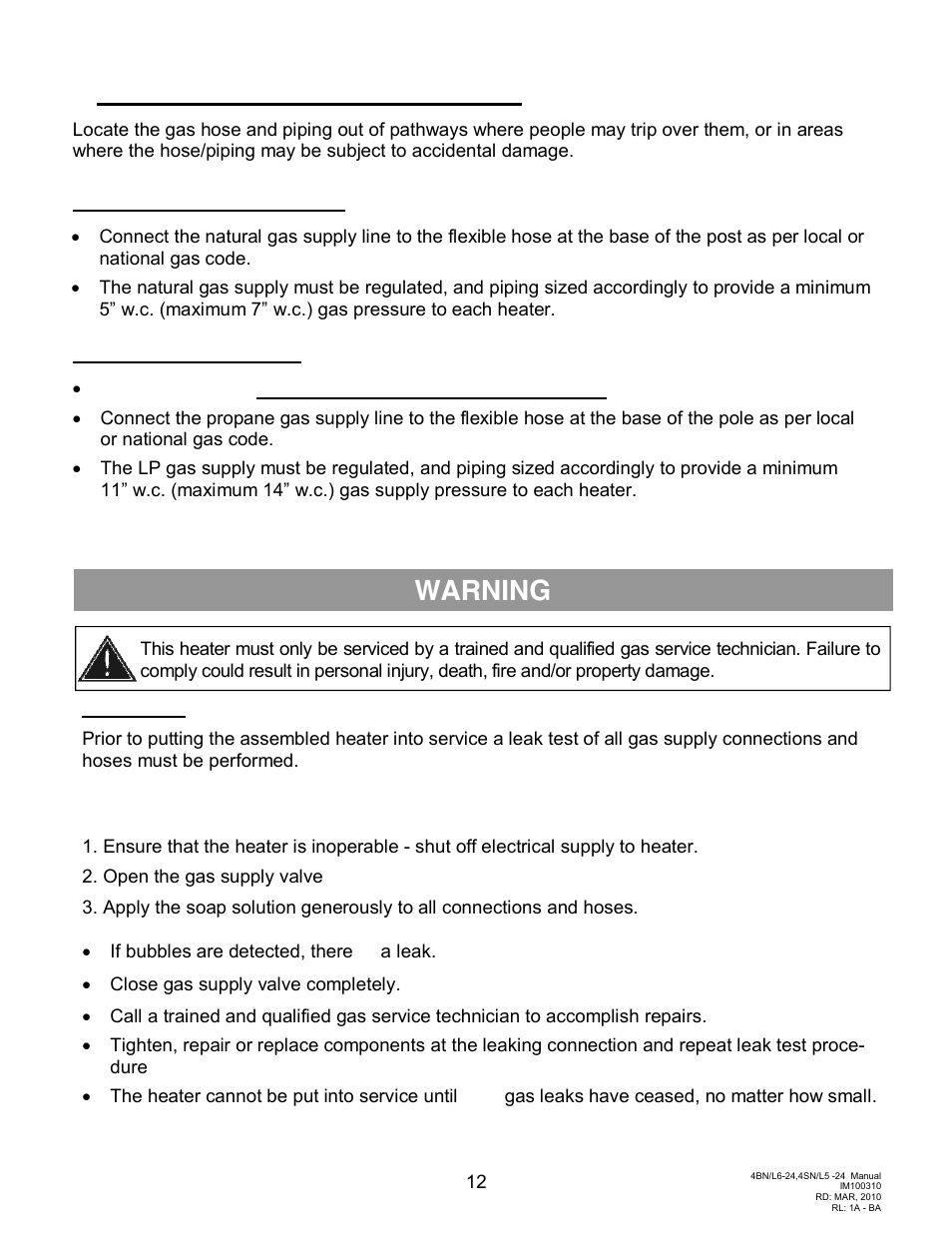 Warning, Gas connection and leak testing | Schwank Parasol Series Post Mount 24 volt User Manual | Page 12 / 29