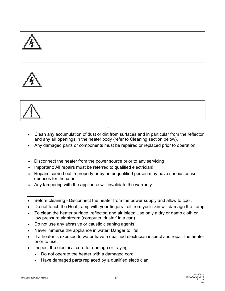 Maintenance instructions, Caution, Inspect the heater prior to each use | Service and repair, Cleaning | Schwank IEP-2024 User Manual | Page 13 / 18