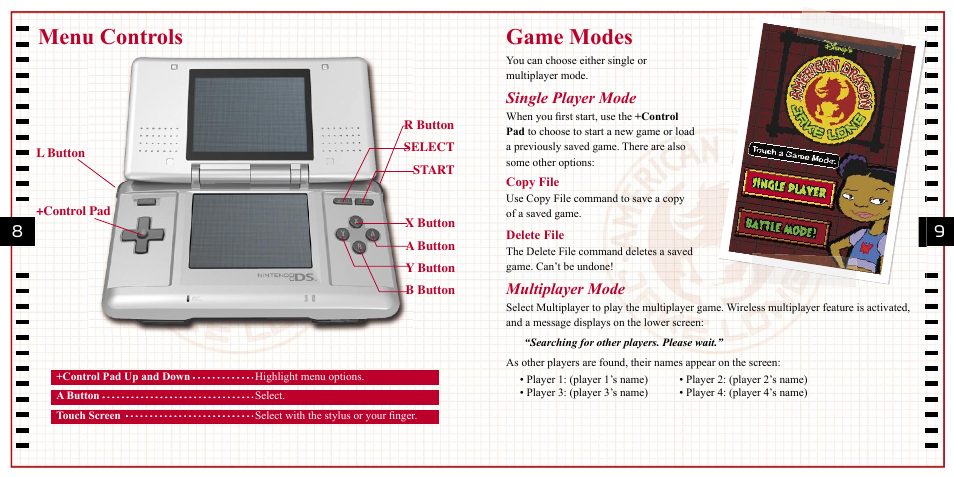 Menu controls, Game modes, Single player mode | Multiplayer mode | Disney Interactive Studios Nintendo DS NTR-ARDE-USA User Manual | Page 4 / 9