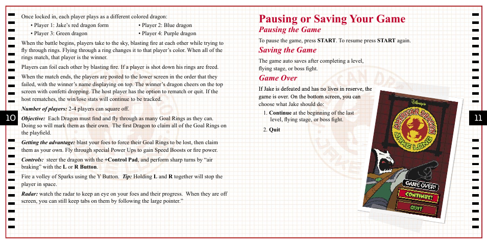 Pausing or saving your game, Pausing the game, Saving the game | Game over | Disney Interactive Studios Nintendo DS NTR-ARDE-USA User Manual | Page 5 / 9