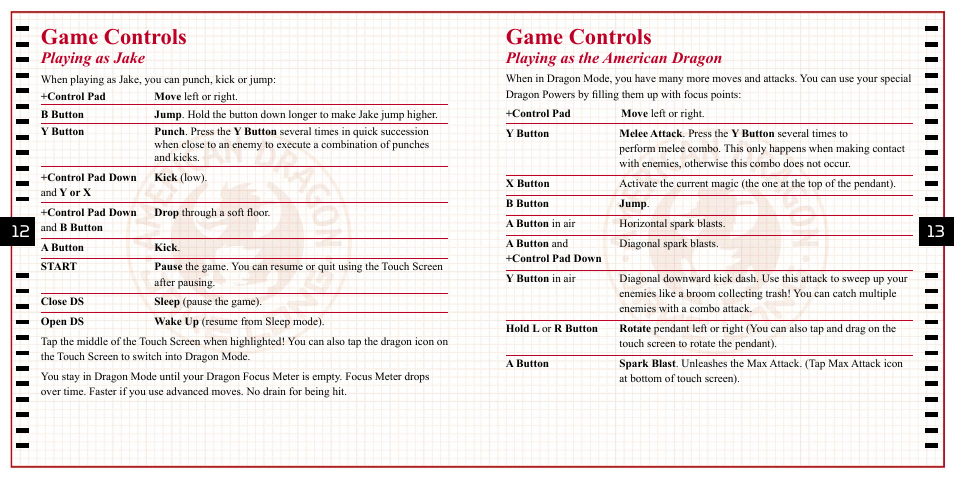 Game controls, Playing as the american dragon, Playing as jake | Disney Interactive Studios Nintendo DS NTR-ARDE-USA User Manual | Page 6 / 9