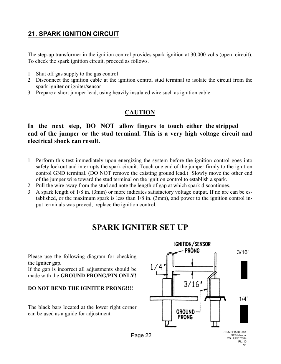 Spark igniter set up, Spark ignition circuit, Caution | Schwank SEB(U) User Manual | Page 26 / 35